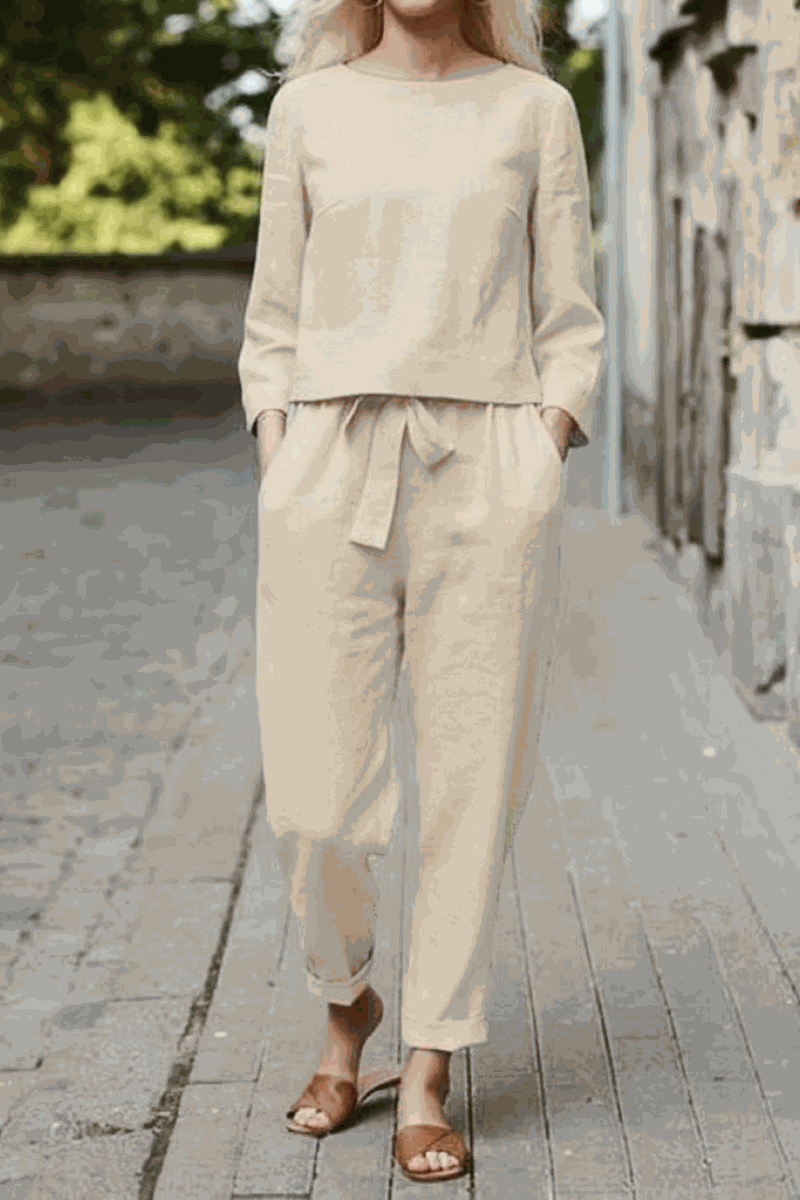 MAIA | Conjunto Camiseta y Pantalón con Lazo de Algodón y Lino