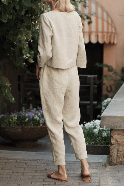 MAIA | Conjunto Camiseta y Pantalón con Lazo de Algodón y Lino