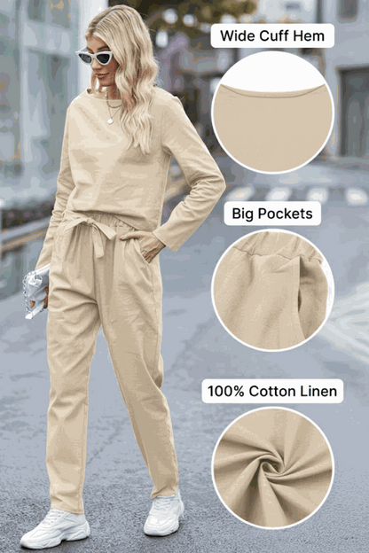 MAIA | Conjunto Camiseta y Pantalón con Lazo de Algodón y Lino