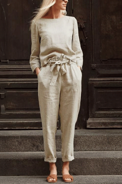 MAIA | Conjunto Camiseta y Pantalón con Lazo de Algodón y Lino
