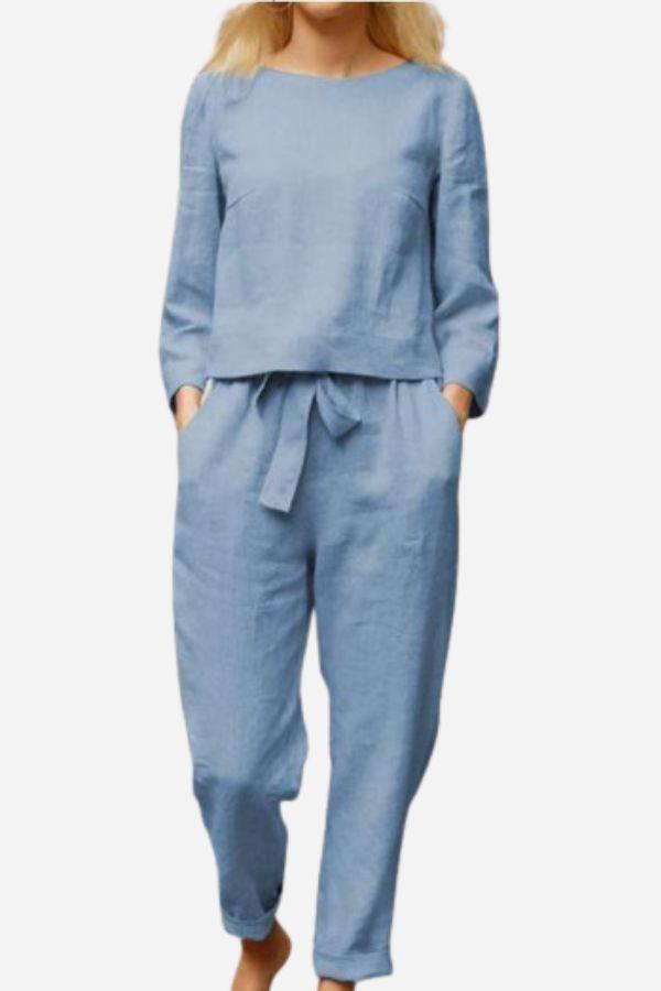MAIA | Conjunto Camiseta y Pantalón con Lazo de Algodón y Lino