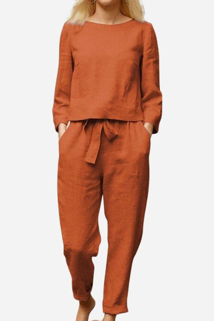 MAIA | Conjunto Camiseta y Pantalón con Lazo de Algodón y Lino