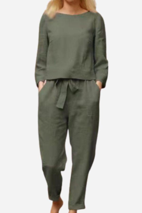 MAIA | Conjunto Camiseta y Pantalón con Lazo de Algodón y Lino