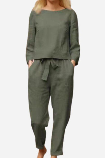 MAIA | Conjunto Camiseta y Pantalón con Lazo de Algodón y Lino