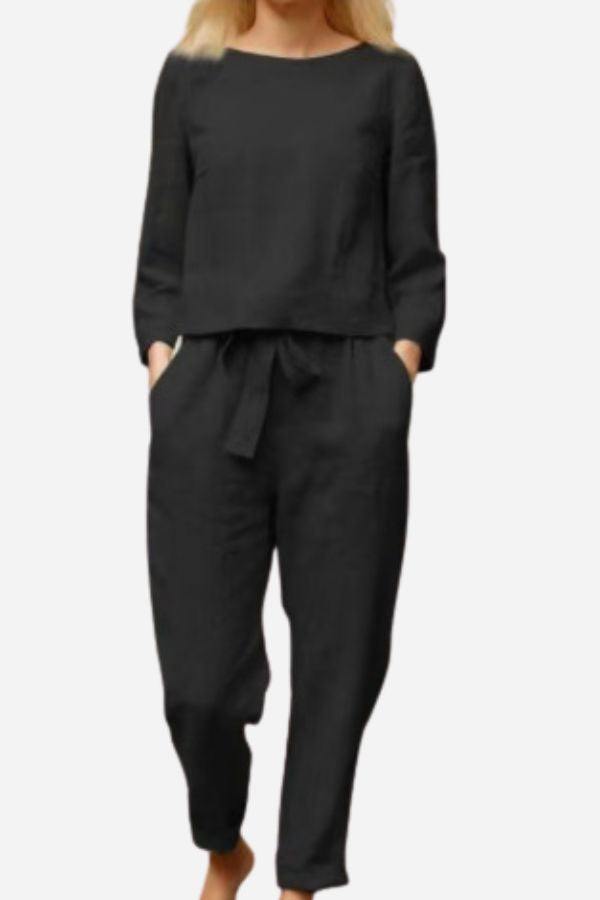 MAIA | Conjunto Camiseta y Pantalón con Lazo de Algodón y Lino