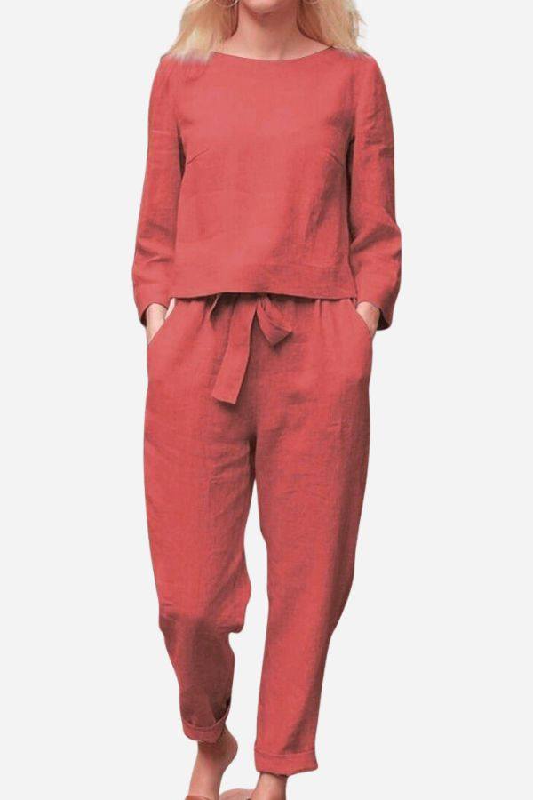 MAIA | Conjunto Camiseta y Pantalón con Lazo de Algodón y Lino