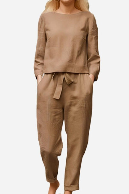 MAIA | Conjunto Camiseta y Pantalón con Lazo de Algodón y Lino