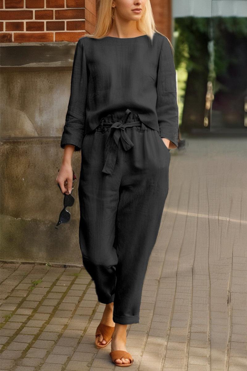 MAIA | Conjunto Camiseta y Pantalón con Lazo de Algodón y Lino
