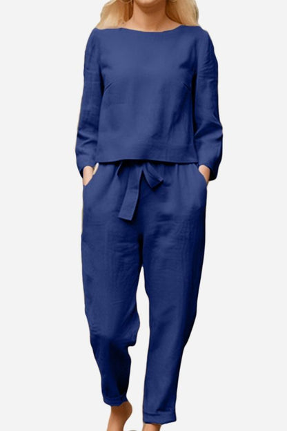 MAIA | Conjunto Camiseta y Pantalón con Lazo de Algodón y Lino