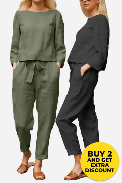 MAIA | Conjunto Camiseta y Pantalón con Lazo de Algodón y Lino