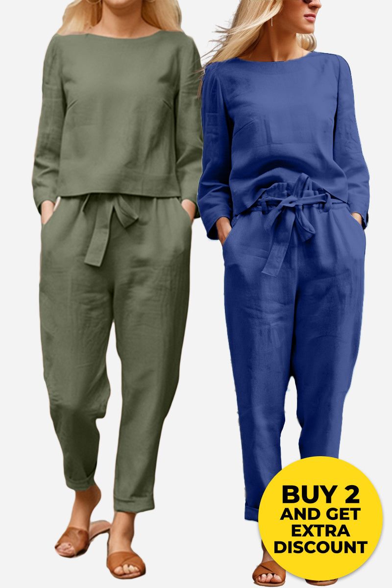 MAIA | Conjunto Camiseta y Pantalón con Lazo de Algodón y Lino