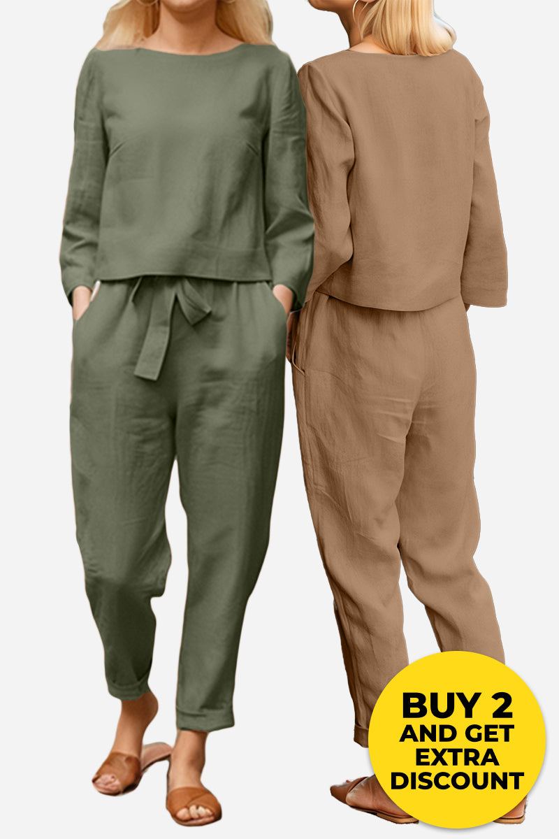 MAIA | Conjunto Camiseta y Pantalón con Lazo de Algodón y Lino