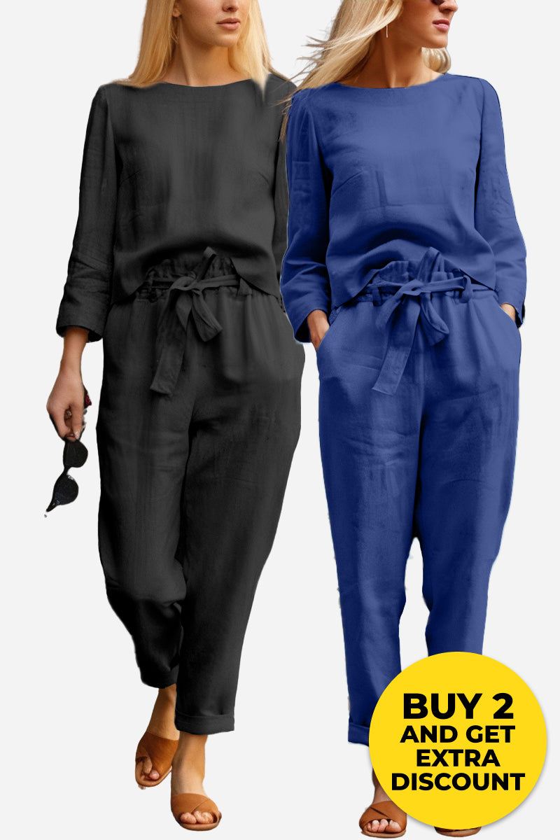 MAIA | Conjunto Camiseta y Pantalón con Lazo de Algodón y Lino