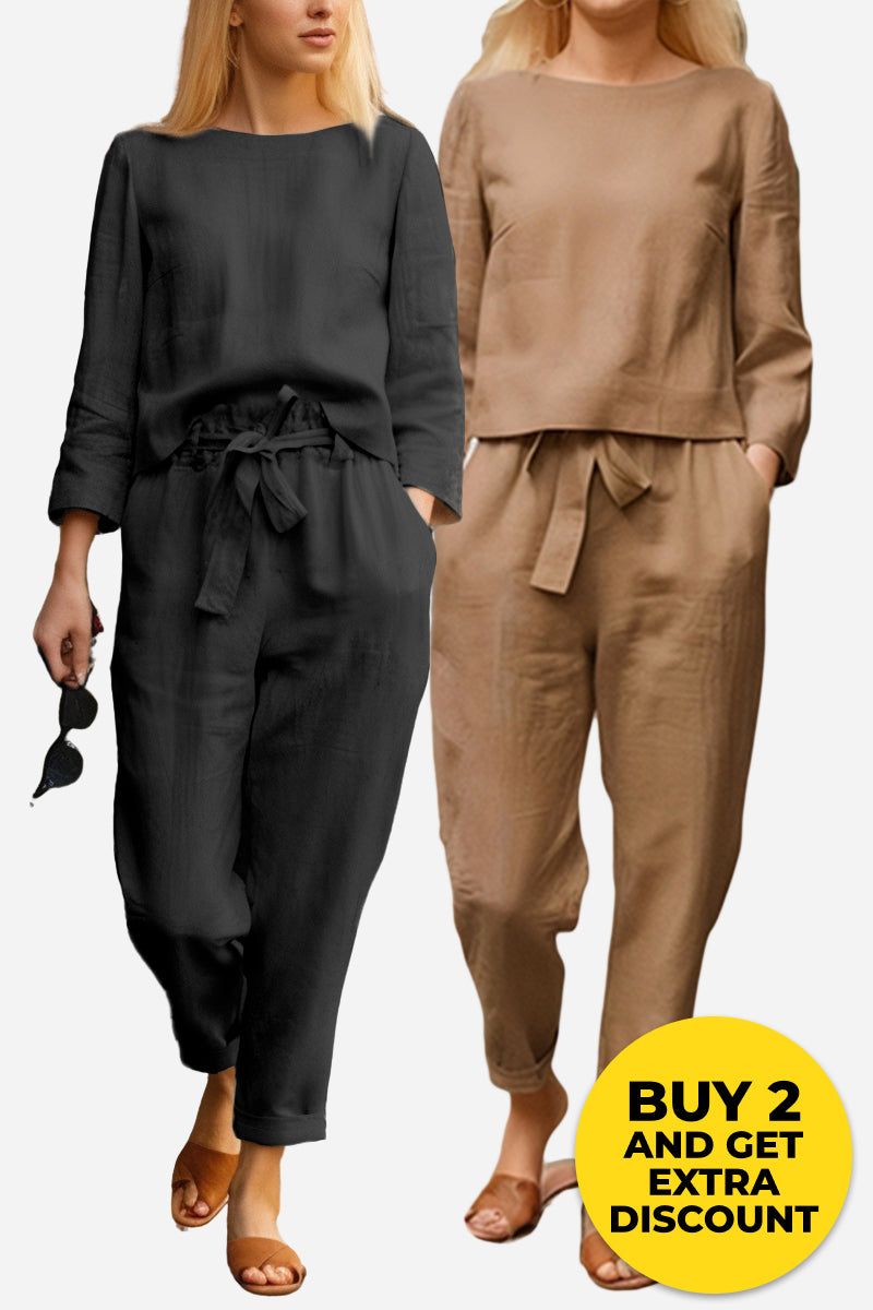 MAIA | Conjunto Camiseta y Pantalón con Lazo de Algodón y Lino